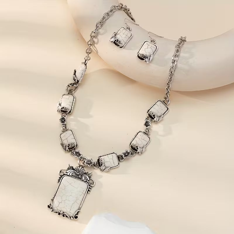 European And American Bohemian Style Retro Fashion White Turquoise Necklace Earrings